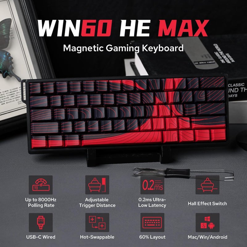 EPOMAKER AULA WIN60 HE 60% Wired Magnetic Keyboard with Adjustable Actuation, 8000 Hz Polling Rate, Hall Effect Switches, Hot-Swap, For FPS Games (Red Topographic) - Image 2