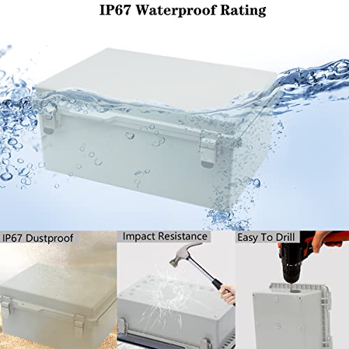 Zulkit Junction Box,IP67 Waterproof Electrical Box Hinged Cover Stainless Steel Buckle Plastic Enclosure for Project w Mounting Plate Wall Bracket and 2 Cable Gland Grey 13.8"x9.8"x5.9"/350x250x150mm - Image 3