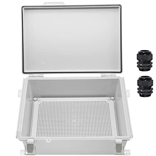 Zulkit Junction Box,IP67 Waterproof Electrical Box Hinged Cover Stainless Steel Buckle Plastic Enclosure for Project w Mounting Plate Wall Bracket and 2 Cable Gland Grey 13.8"x9.8"x5.9"/350x250x150mm - Image 1