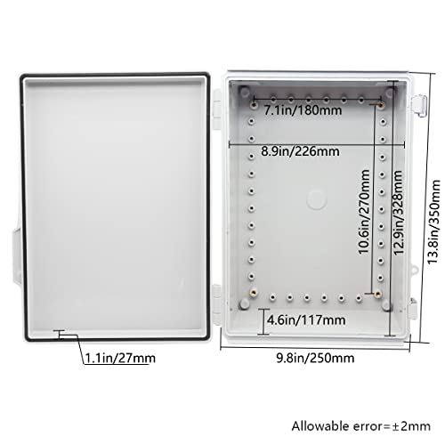 Zulkit Junction Box,IP67 Waterproof Electrical Box Hinged Cover Stainless Steel Buckle Plastic Enclosure for Project w Mounting Plate Wall Bracket and 2 Cable Gland Grey 13.8"x9.8"x5.9"/350x250x150mm - Image 5