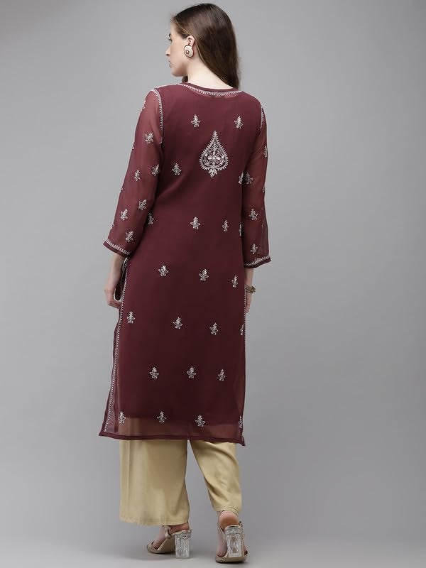 Ada Hand Embroidered Lucknowi Chikankari Georgette Kurti Kurta with Slip for Women with Gotapatti Work A411357 Wine (XL) - Image 2