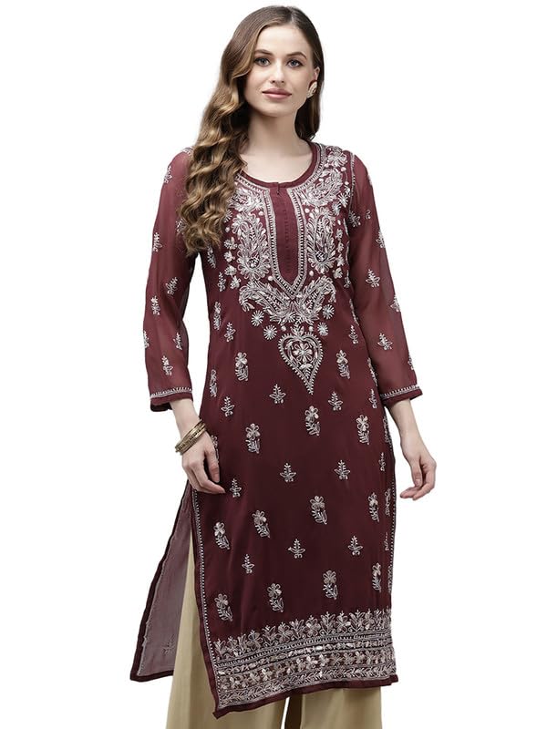 Ada Hand Embroidered Lucknowi Chikankari Georgette Kurti Kurta with Slip for Women with Gotapatti Work A411357 Wine (XL) - Image 1