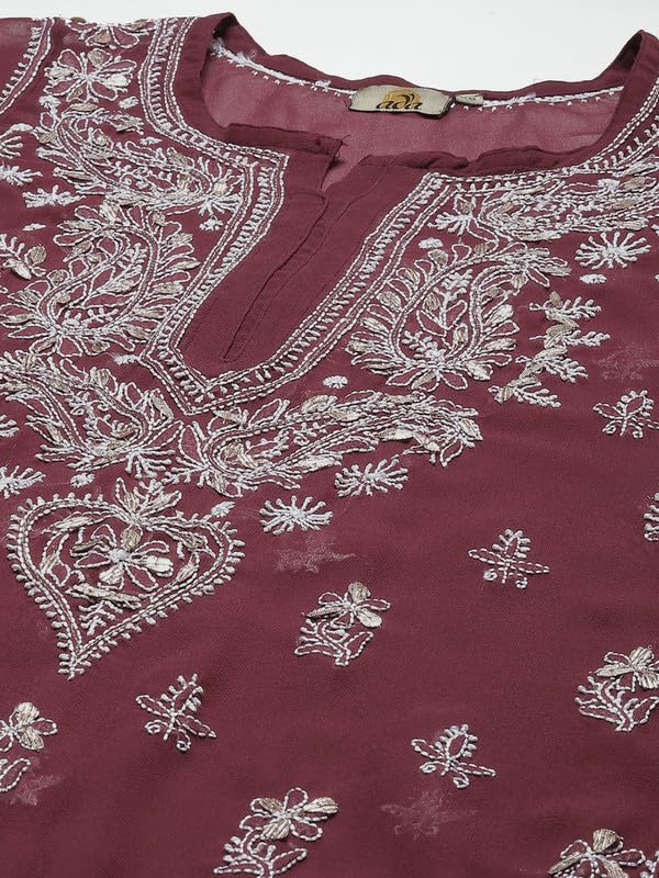 Ada Hand Embroidered Lucknowi Chikankari Georgette Kurti Kurta with Slip for Women with Gotapatti Work A411357 Wine (XL) - Image 5