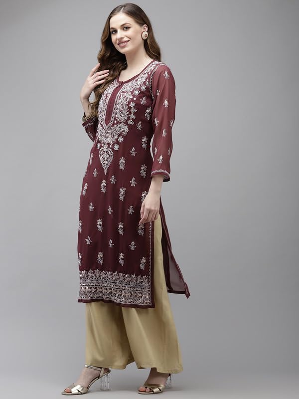 Ada Hand Embroidered Lucknowi Chikankari Georgette Kurti Kurta with Slip for Women with Gotapatti Work A411357 Wine (XL) - Image 4