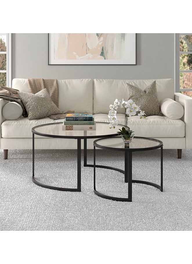 LINGWEI - Set of 2pcs Round Coffee Table Round Nesting Table Top Clear Glass with Golden Metal Frame Round Coffee Table Center Peice For Home Office Living Room - Image 1