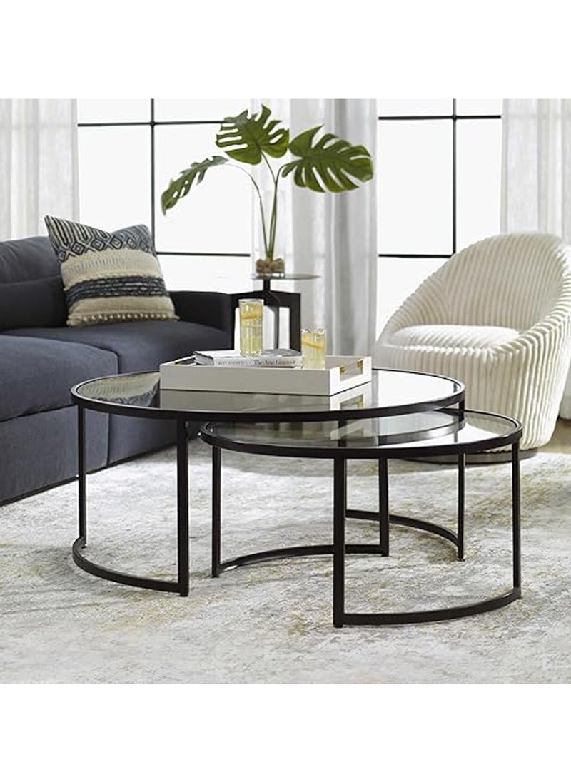 LINGWEI - Set of 2pcs Round Coffee Table Round Nesting Table Top Clear Glass with Golden Metal Frame Round Coffee Table Center Peice For Home Office Living Room - Image 1