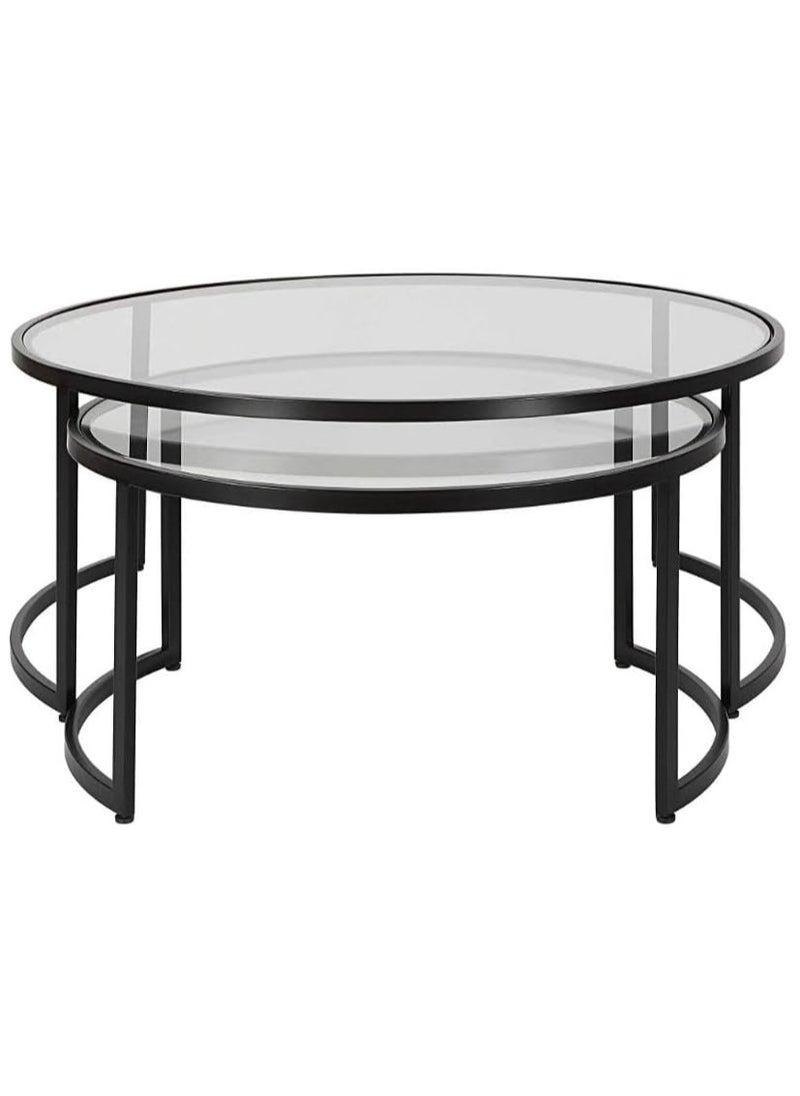 LINGWEI - Set of 2pcs Round Coffee Table Round Nesting Table Top Clear Glass with Golden Metal Frame Round Coffee Table Center Peice For Home Office Living Room - Image 1