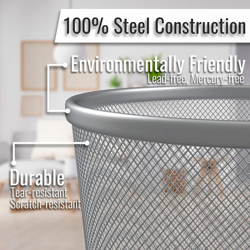 ECVV 2PCS Metal Wire Mesh Waste Basket - Lightweight and Stylish Trash Can for Home & Office (Silver) - Image 5