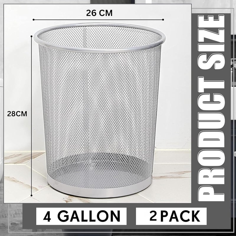 ECVV 2PCS Metal Wire Mesh Waste Basket - Lightweight and Stylish Trash Can for Home & Office (Silver) - Image 3