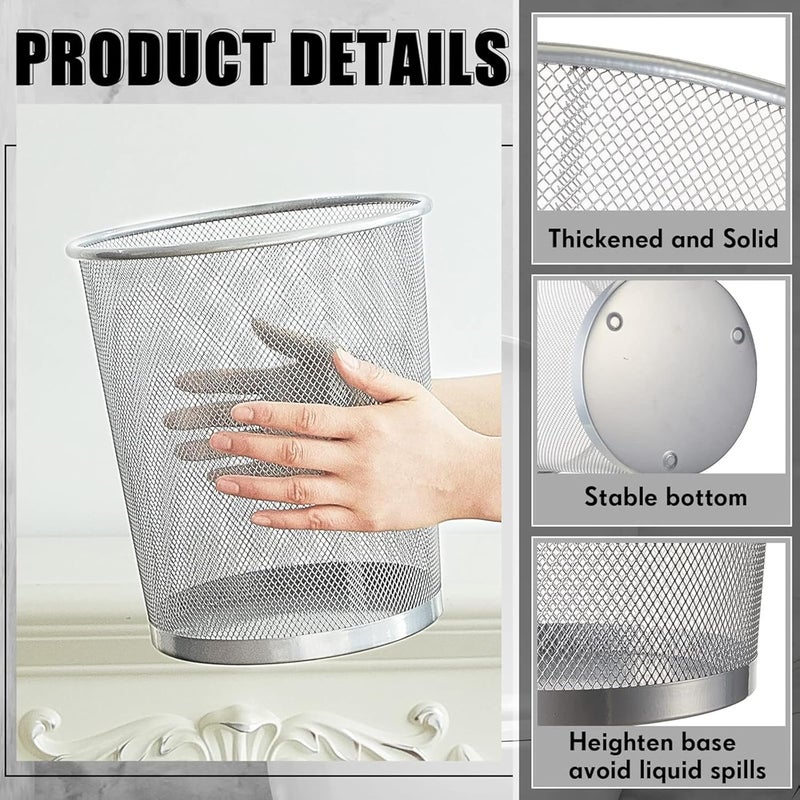 ECVV 2PCS Metal Wire Mesh Waste Basket - Lightweight and Stylish Trash Can for Home & Office (Silver) - Image 2