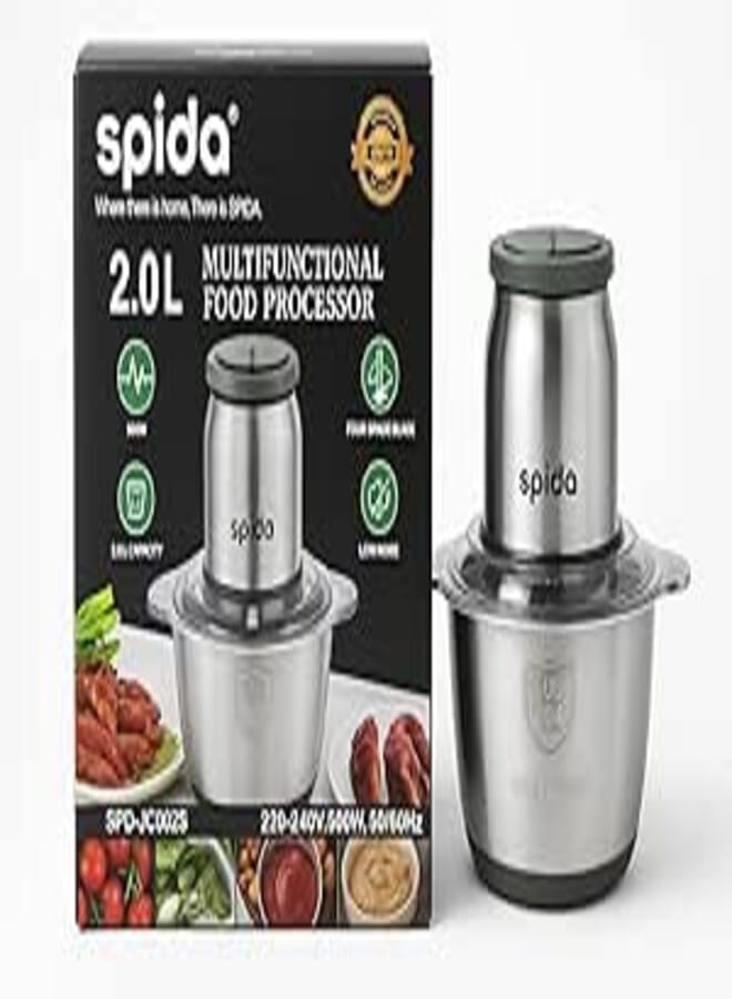 SPIDA Stainless Steel Chopper 2L – 500W – Model SPD-JC002S | Powerful Motor for Cutting/Chopping – Sharp Stainless Blades – Elegant and Easy to Use