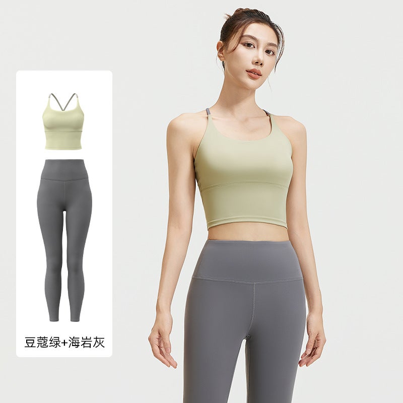Generic Seamless Yoga Set Activewear Womens Sport Tank Top Cardamom green + sea rock gray 