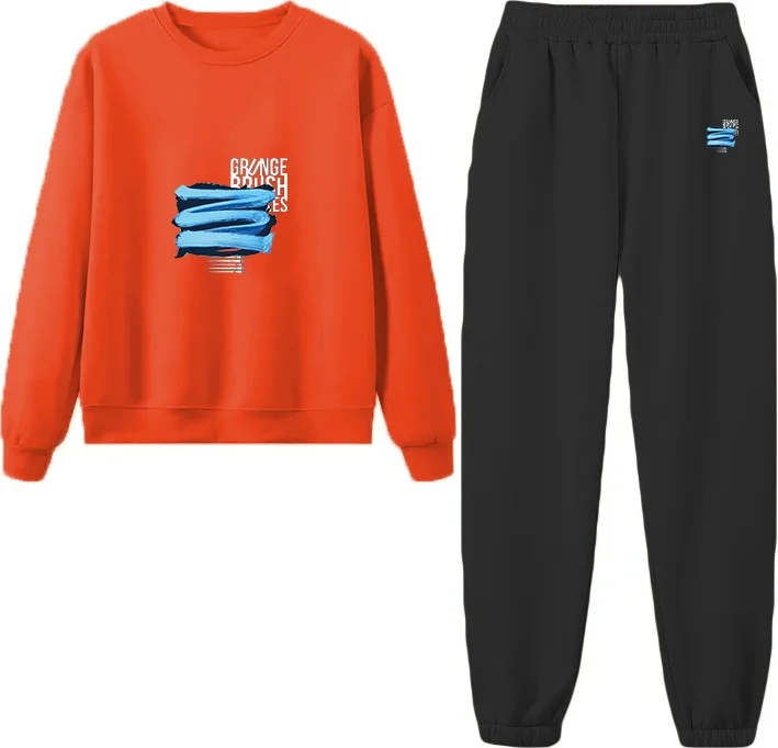 DogFish Tracksuit Oversize Grunce Brush Printed Tracksuit,lover,couple Combination Orange