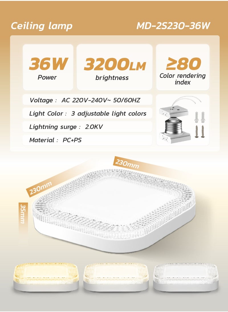 MODI MODI 3-Colour LED Ceiling Light 36W Square 23cm – Adjustable Warm/Neutral/Daylight – Flush & Pendant Mount – Modern Energy Efficient Light for Home & Office  - Image 4