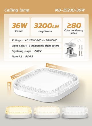 LED Small Panel Light 36W, 23CM, 3-Color Changing, Square Shape – Crystal Flush Mount Fixture 3200LM – Modern Ceiling Lamp for Living Room, Bedroom, Hallway - view 5