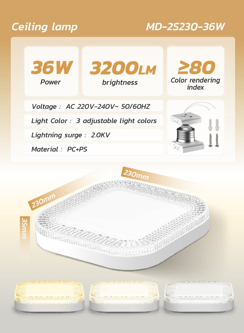MODI LED Small Panel Light 36W, 23CM, 3-Color Changing, Square Shape – Crystal Flush Mount Fixture 3200LM – Modern Ceiling Lamp for Living Room, Bedroom, Hallway - Image 5