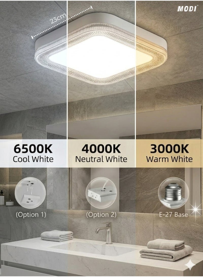 MODI LED Small Panel Light 36W, 23CM, 3-Color Changing, Square Shape – Crystal Flush Mount Fixture 3200LM – Modern Ceiling Lamp for Living Room, Bedroom, Hallway - Image 1