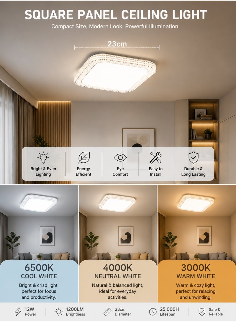 مودي مصباح LED صغير على شكل لوحة، 36 واط، 23 سم، 3 ألوان متغيرة، شكل مربع - وحدة إضاءة سقفية كريستالية مثبتة على السطح، 3200 لومن - مصباح سقف عصري لغرفة المعيشة، غرفة النوم، الردهة - Image 1