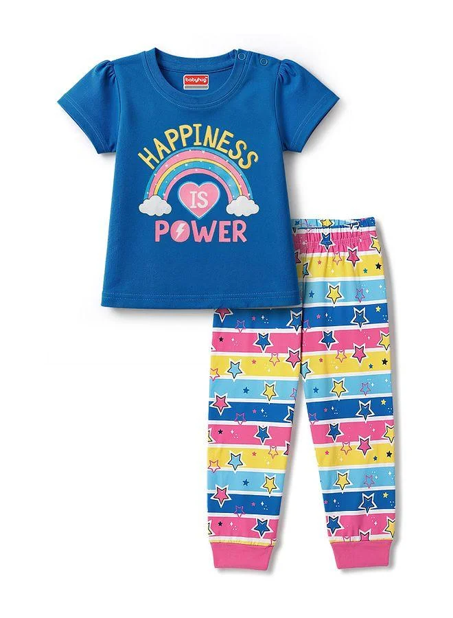 Babyhug Babyhug Cotton Knit Half Sleeves Pajama Set with Rainbow Print - Blue