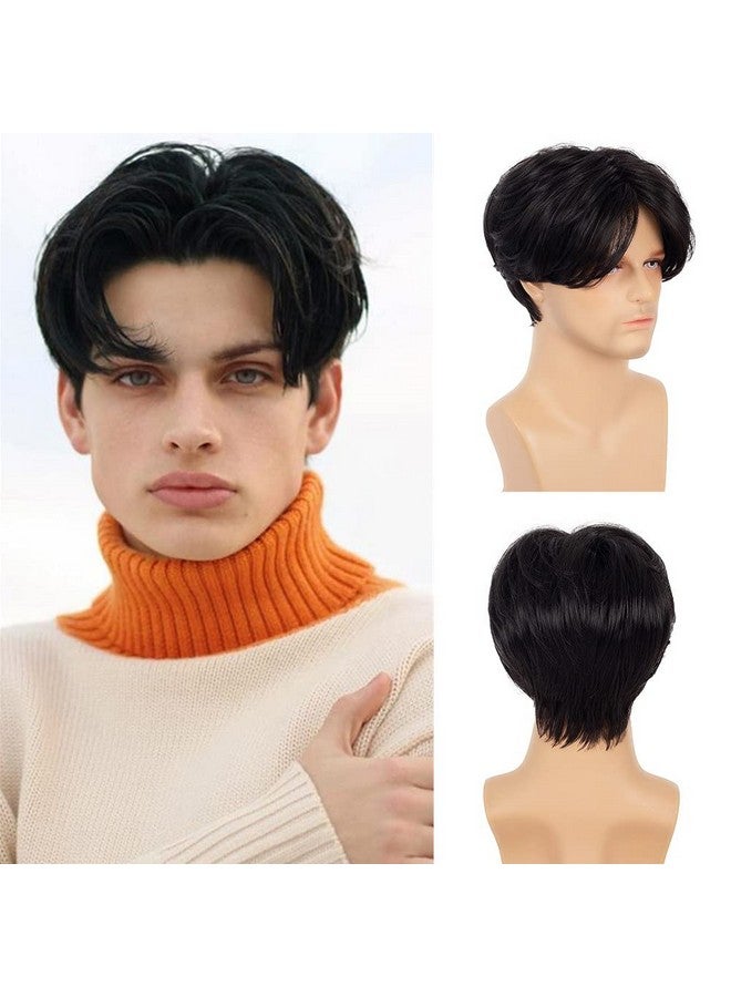 Swiking Men Wigs Short Black Straight Middle Part Synthetic Hair For Male Guy Daily Cosplay Party Wigs With Cap (Black)  - Image 1
