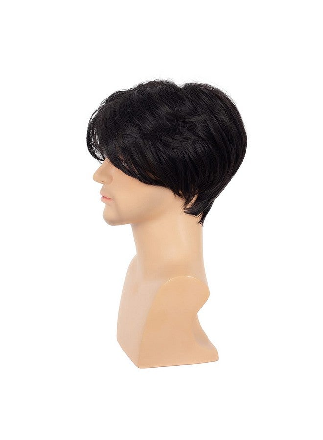 Swiking Men Wigs Short Black Straight Middle Part Synthetic Hair For Male Guy Daily Cosplay Party Wigs With Cap (Black)  - Image 5