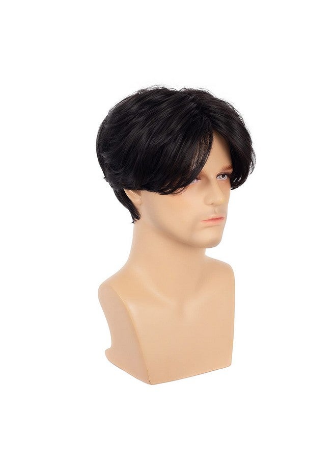 Swiking Men Wigs Short Black Straight Middle Part Synthetic Hair For Male Guy Daily Cosplay Party Wigs With Cap (Black)  - Image 4