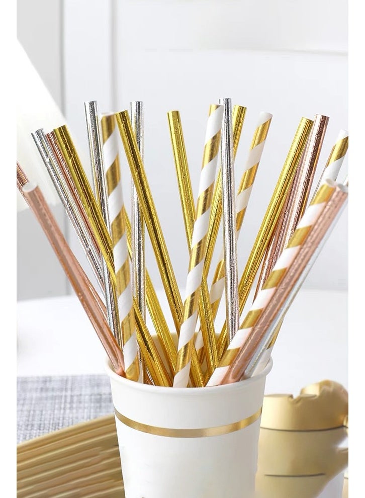 HOMESTAR 100 قطعة من المصاصات الورقية المخططة بالذهب، مصاصات ورقية ذهبية للاستخدام مرة واحدة لحفلات الكوكتيل، لمناسبات عيد الميلاد وحفلات الزفاف بعيد الميلاد - Image 1