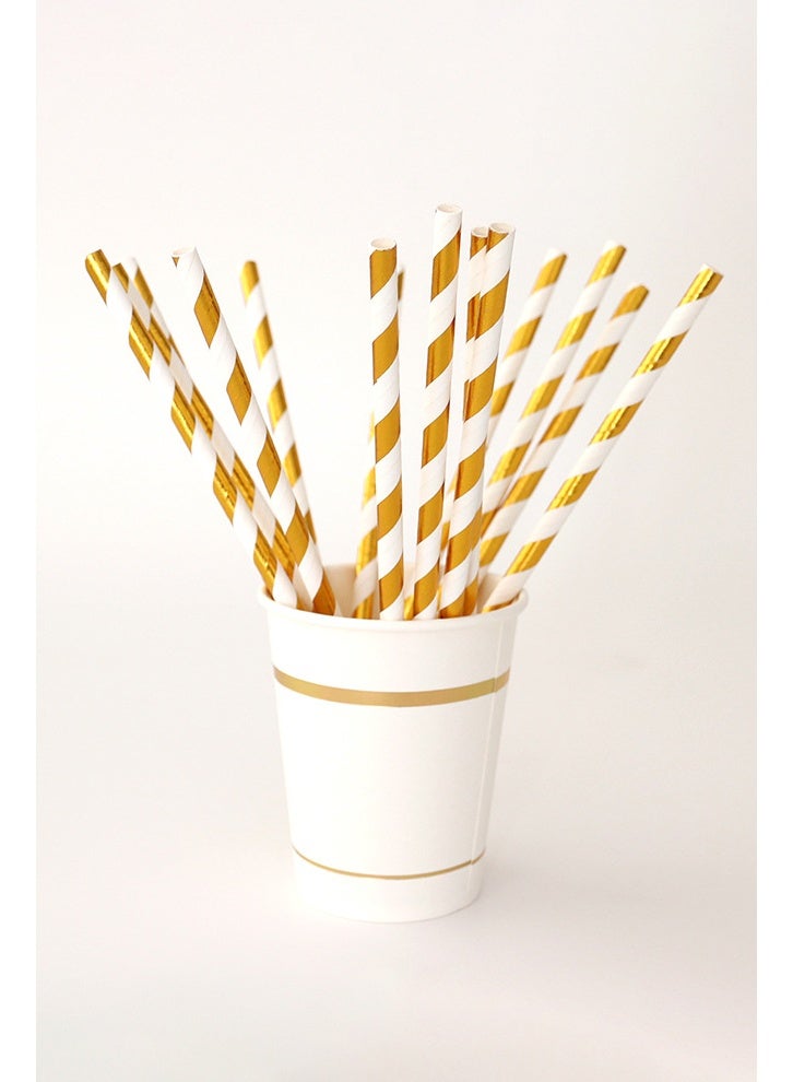 HOMESTAR 100 قطعة من المصاصات الورقية المخططة بالذهب، مصاصات ورقية ذهبية للاستخدام مرة واحدة لحفلات الكوكتيل، لمناسبات عيد الميلاد وحفلات الزفاف بعيد الميلاد - Image 2