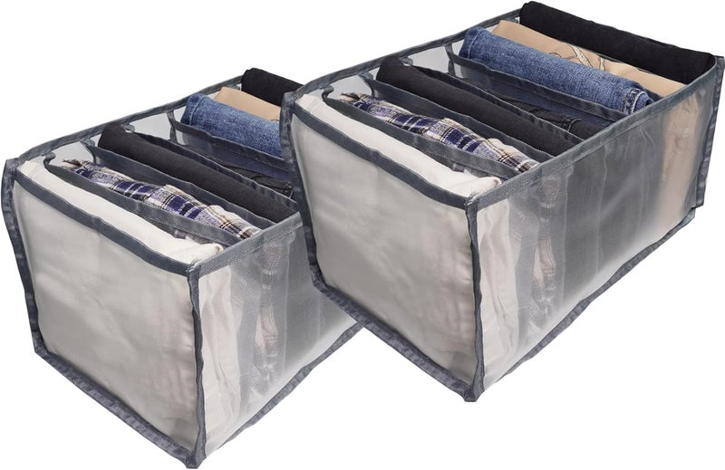 klarako 7 Grids Washable Wardrobe Clothes Organizer, 2PCS Foldable Visible Grid Storage Box with Multiple Layers, Storage Containers for Scarves, Leggings (Jeans Grid, 2Grey) - Image 1