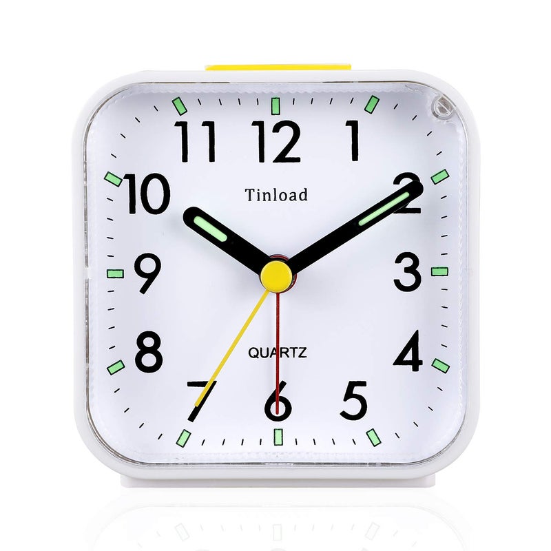 Tinload Small Battery Operated Analog Alarm Clock Silent Non Ticking Ascending Beep Sounds SnoozeManual Light Easy SetWhite