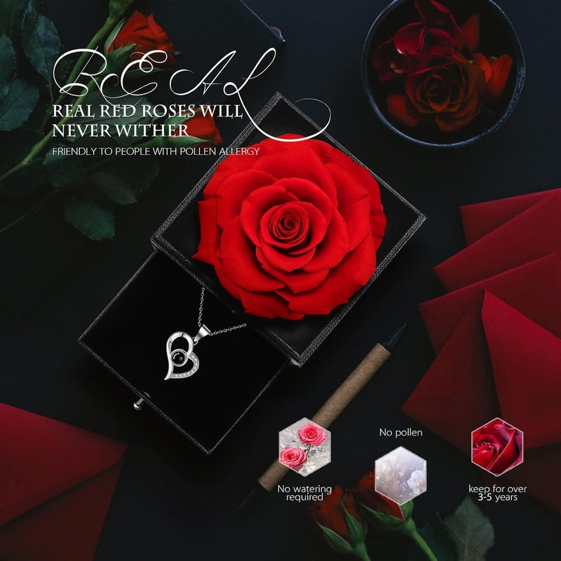 Hudux 1PCS Preserved Red Rose Eternal Rose Heart Necklace Eternal Rose Flowers Gift with I Love You in 100 Languages Romantic Gifts for Women Mom Wife Girlfriend on Anniversary Birthday - Image 3