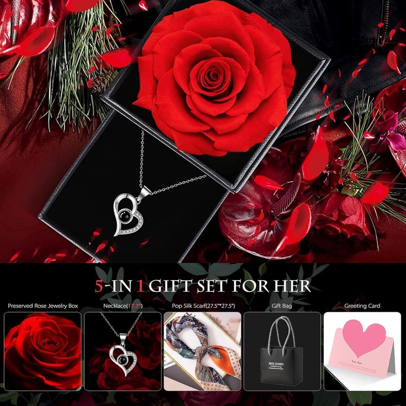 Hudux 1PCS Preserved Red Rose Eternal Rose Heart Necklace Eternal Rose Flowers Gift with I Love You in 100 Languages Romantic Gifts for Women Mom Wife Girlfriend on Anniversary Birthday - Image 4