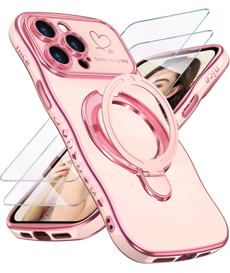 Liufcx for iPhone 14 Pro Max Case with Screen Protector Luxury Plated Gold Cute Wavy Edge Love Heart Kickstand Case Slim Soft TPU Shockproof Protection Cover for iPhone 14 Pro Max Pink - Image 3