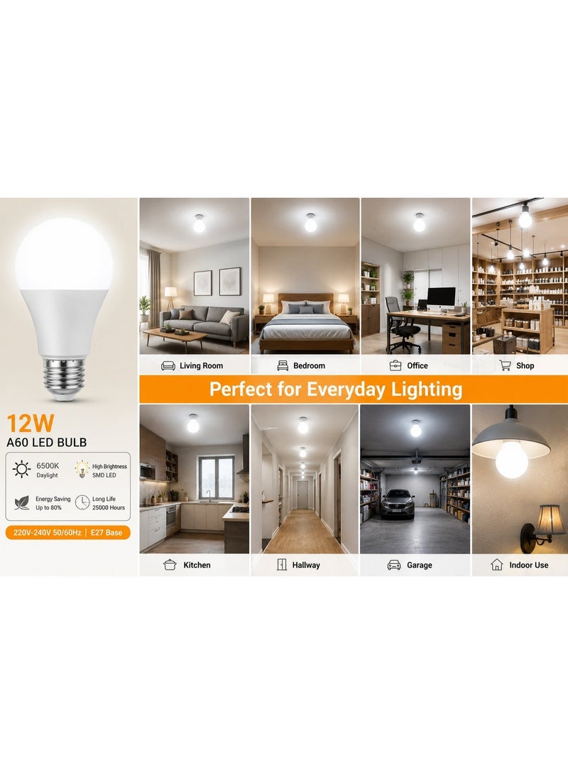 2-Pack 12W E27 LED Light Bulbs, A60 6500K Daylight Cool White Bulbs, 220–240V Energy-Saving Non-Dimmable Lamps for Bedroom, Living Room, Kitchen, Office and Indoor Lighting - Image 5