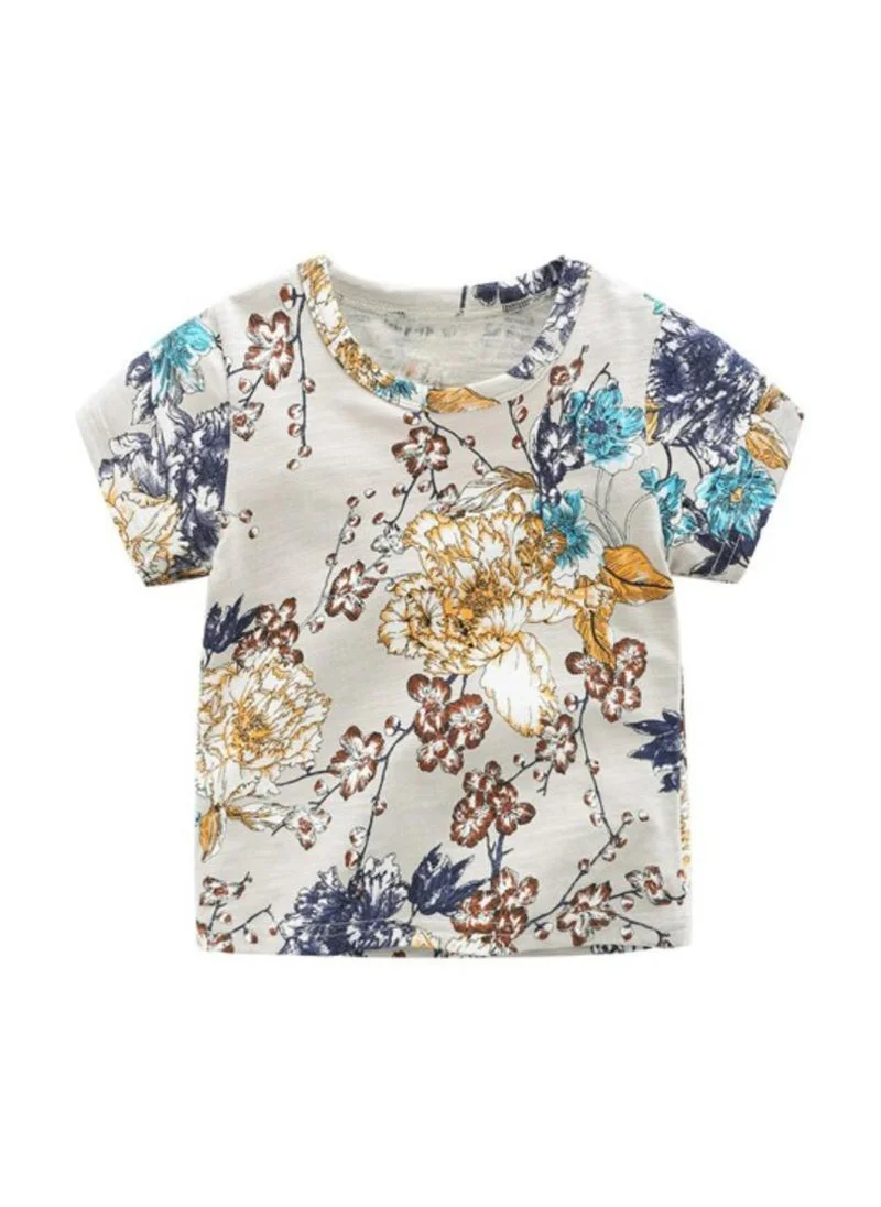 YUNIQEE Beige Floral Round Neck Pure Cotton Tshirt