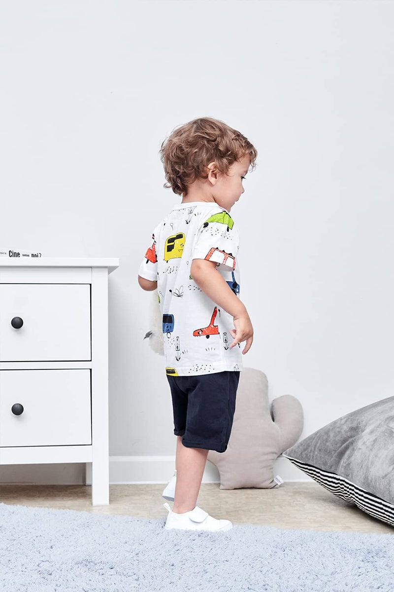 BINIDUCKLING Little Boy Clothing Set Toddler Kid Cute Car Print T-Shirt Navy Shorts Outfit 2T - Image 2