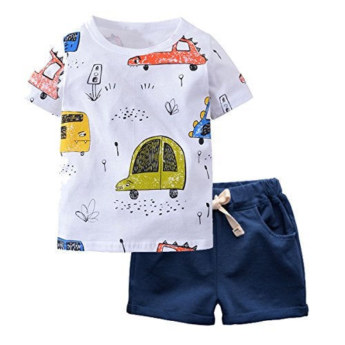 BINIDUCKLING Little Boy Clothing Set Toddler Kid Cute Car Print T-Shirt Navy Shorts Outfit 2T - Image 1