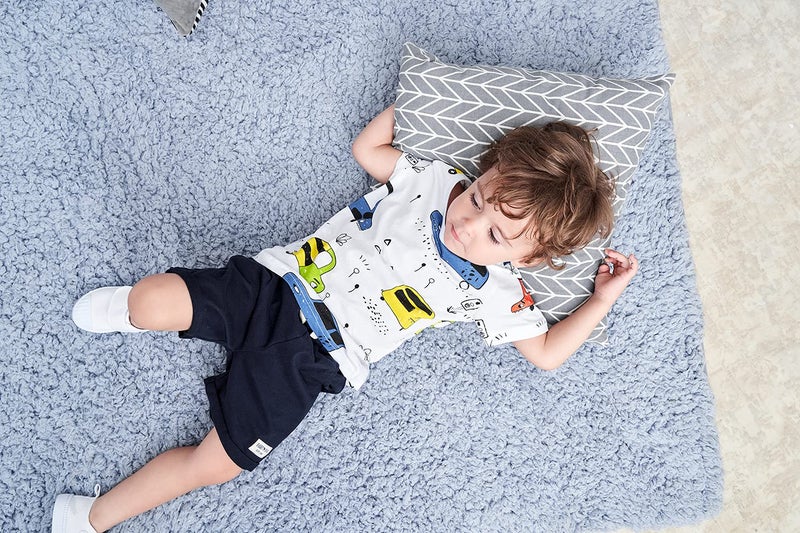 BINIDUCKLING Little Boy Clothing Set Toddler Kid Cute Car Print T-Shirt Navy Shorts Outfit 2T - Image 4