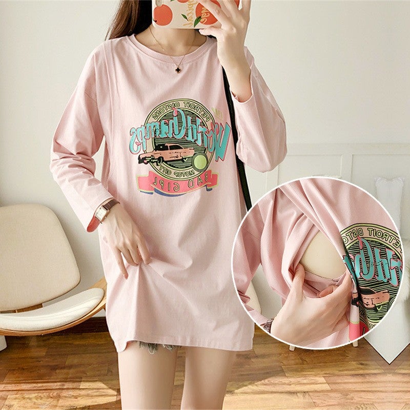 Postpartum Nursing Top Thin Long Sleeve Tee for New Moms Pink# letters car 