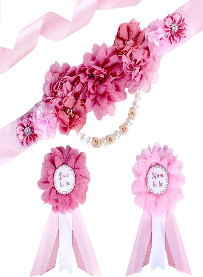 Cheerupp Dusty Pink Baby Shower Sash and Pins Set - Dusty Pink Flower Baby Shower Belly Belt and Mom to Be & Dad to Be Corsage Pins, New Parents Pregnancy Photo Props Party Supplies - Image 1