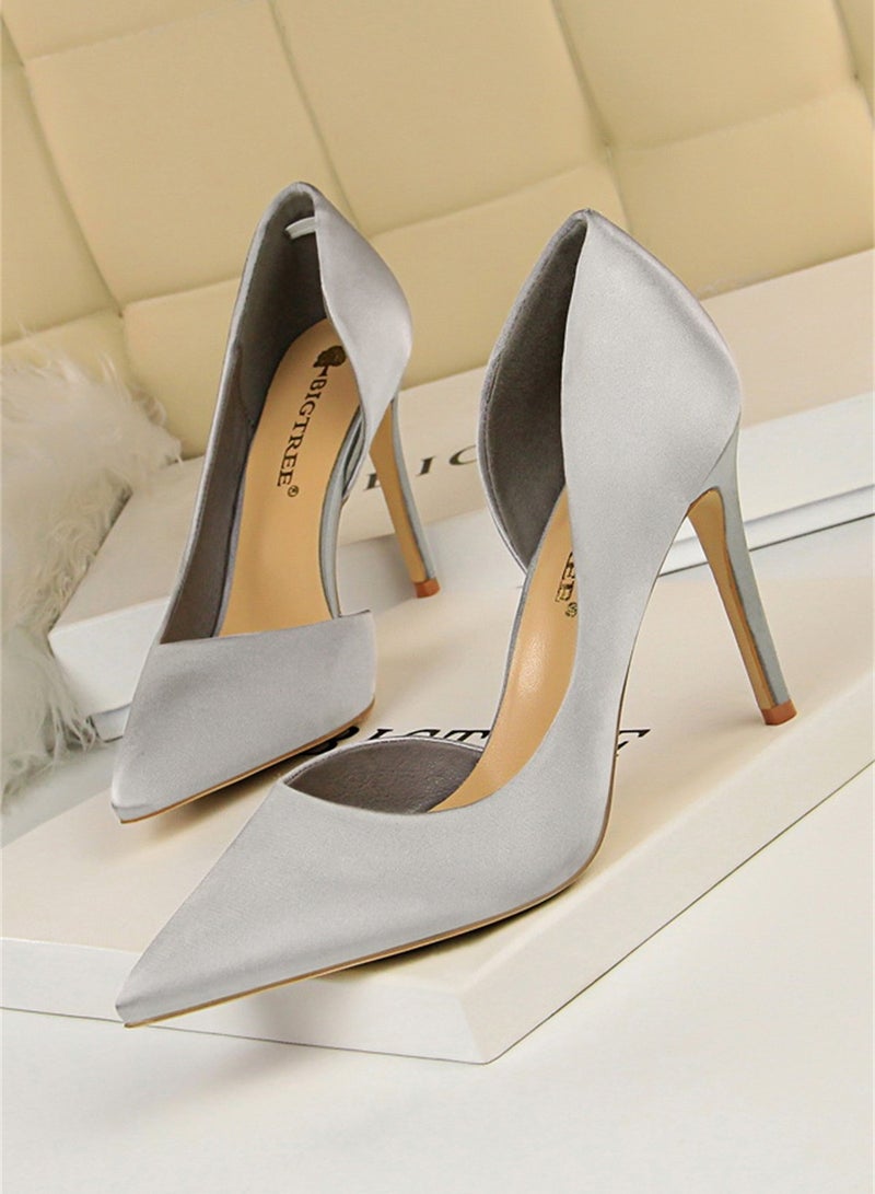 BIGTREE 9.5cm Stiletto Satin High Heels For Women With Shallow Mouth And Pointed Side Hollowing Out Grey - Image 1