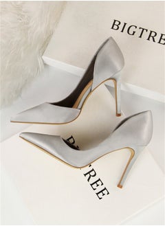 BIGTREE 9.5cm Stiletto Satin High Heels For Women With Shallow Mouth And Pointed Side Hollowing Out Grey  - Image 2