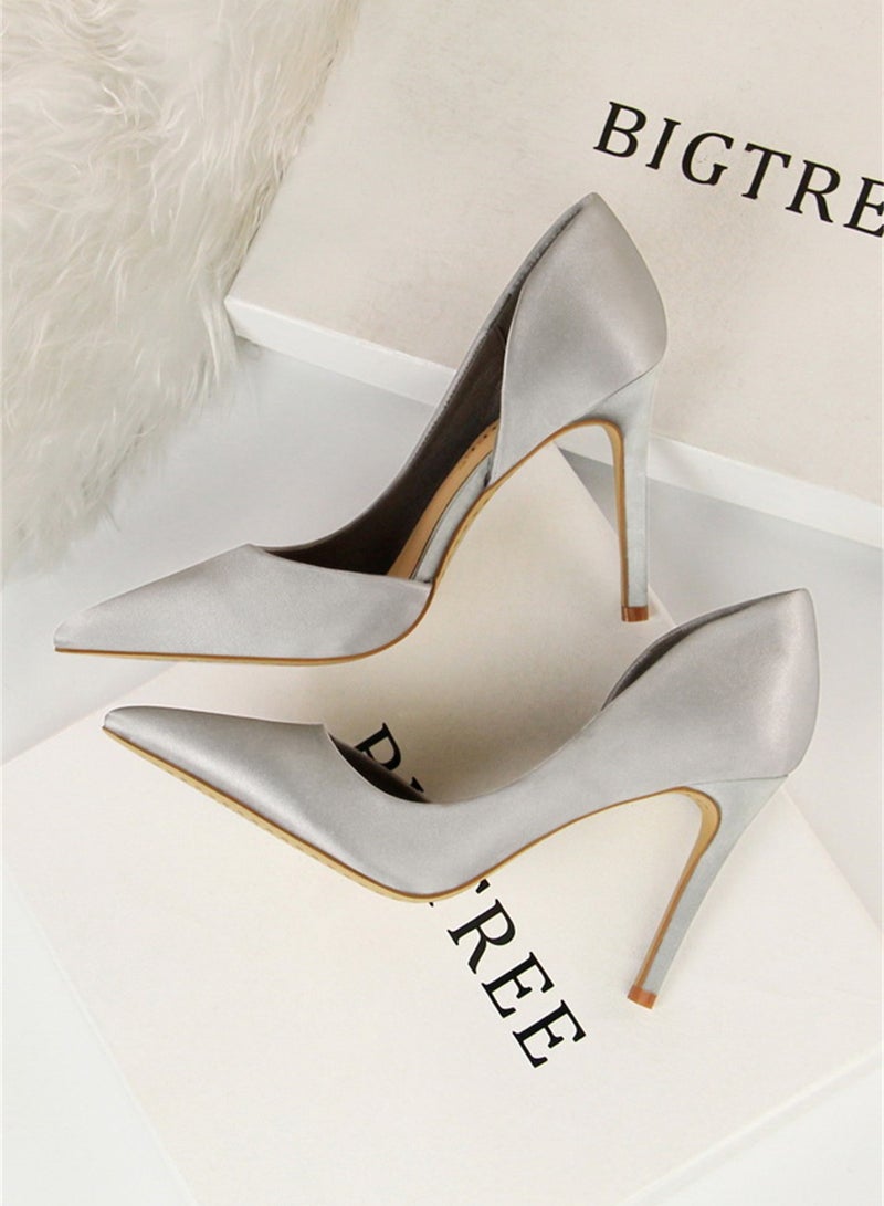 BIGTREE 9.5cm Stiletto Satin High Heels For Women With Shallow Mouth And Pointed Side Hollowing Out Grey - Image 2