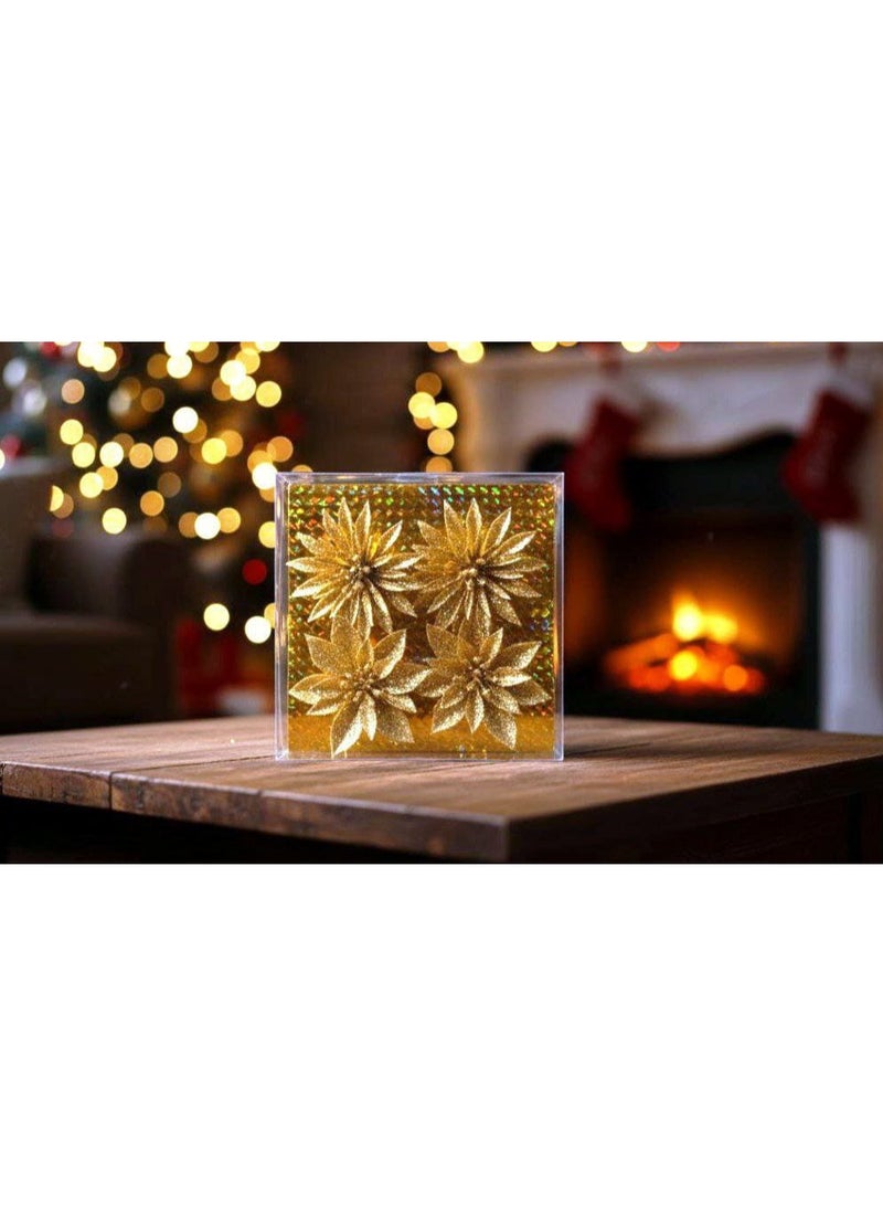 Gold Rose Box Shiny Gold Flowers for Christmas, Artificial Flower Heads for Christmas Tree and Seasonal Wedding Decorations, 4 Pack - Image 1