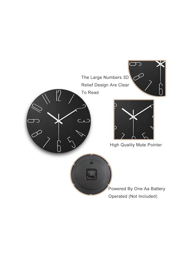 The Bros Wall Clock, 12 Inch Silent Non-Ticking, Simple Wooden Decorative Clock, Modern Style Wall Clocks Battery Operated for Bathroom, Office, Bedroom, Home, Kitchen and Living Room (Black) - Image 3
