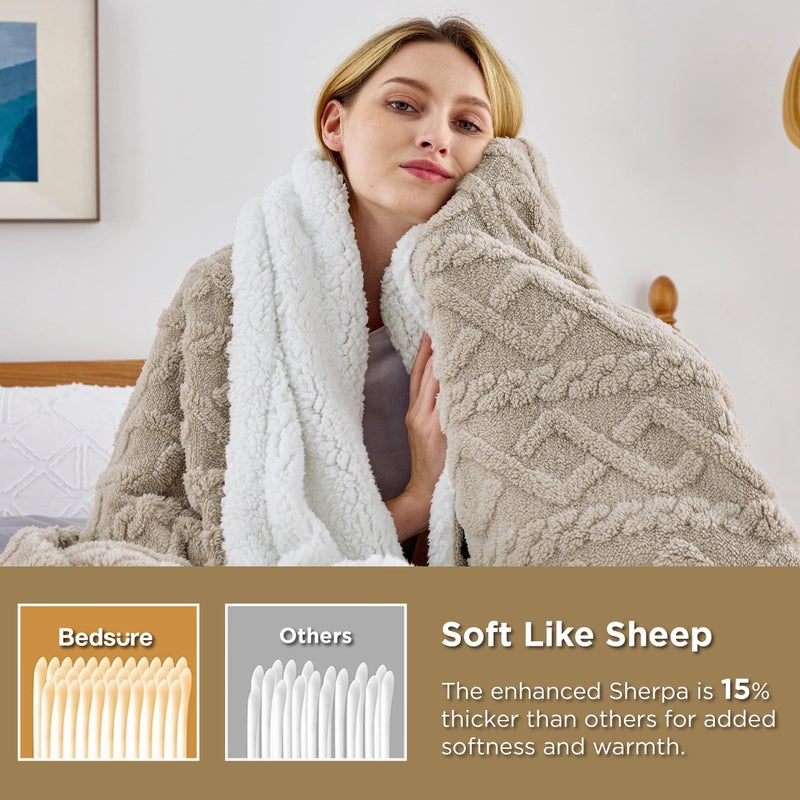 Bedsure Gentlesoft Sherpa Fleece Blanket Twin Size for Bed - Fluffy & Cozy Cable Jacquard Tufted for Women Gift, Thick and Warm Christmas Blanket for Winter, Beige, 60x80 Inches - Image 3