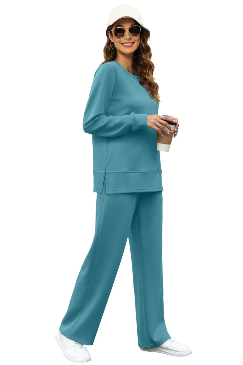 OFEEFAN 2 Piece Outfits for Women Fall Long Sleeve Lounge Sets Winter Loose Wide Leg Loungewear Airport Sweatsuit Vacation Track Suit Women's Crewneck Cruise Resort Wear L Lake - Image 2