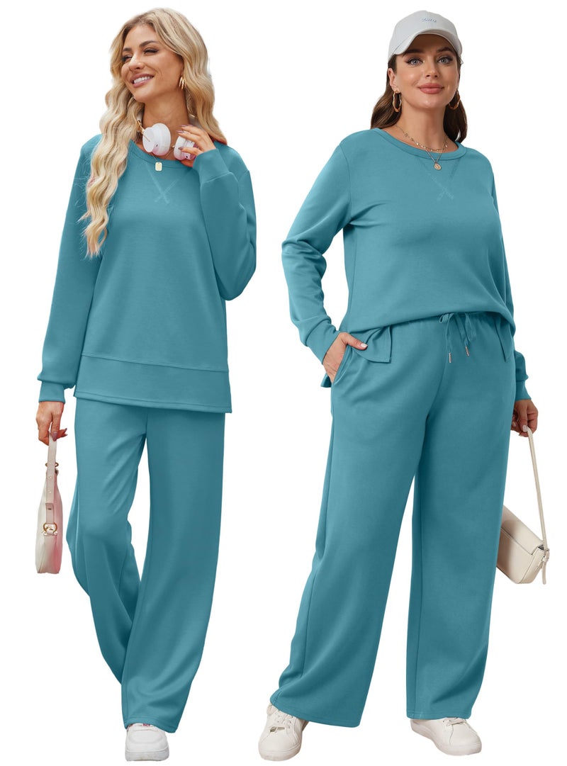 OFEEFAN 2 Piece Outfits for Women Fall Long Sleeve Lounge Sets Winter Loose Wide Leg Loungewear Airport Sweatsuit Vacation Track Suit Women's Crewneck Cruise Resort Wear L Lake - Image 5