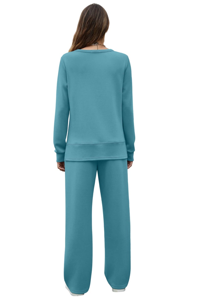 OFEEFAN 2 Piece Outfits for Women Fall Long Sleeve Lounge Sets Winter Loose Wide Leg Loungewear Airport Sweatsuit Vacation Track Suit Women's Crewneck Cruise Resort Wear L Lake - Image 4