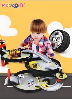 MEBEGIN Tire-shaped Parking Lot Set with 2 Alloy Cars and 1 Helicopter, Ultimate Garage with Helicopter Pad, Creative Travel Toy with Independent Storage Box, Fun Board Game, Easy to Storage and Carry, Ideal Gift for Kids Aged 3+, 30.5*63*23cm  - Image 3